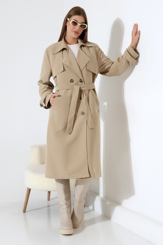 Amazon Keten Kumaş Astarlı Diz Altı Robalı Degaje Yaka Kemerli Trençkot