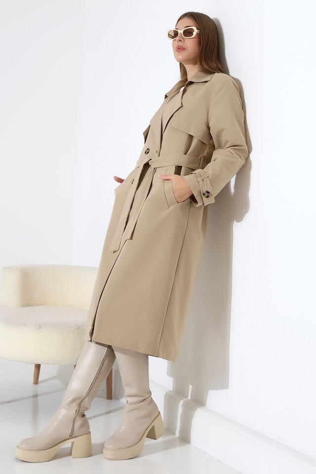 Amazon Keten Kumaş Astarlı Diz Altı Robalı Degaje Yaka Kemerli Trençkot