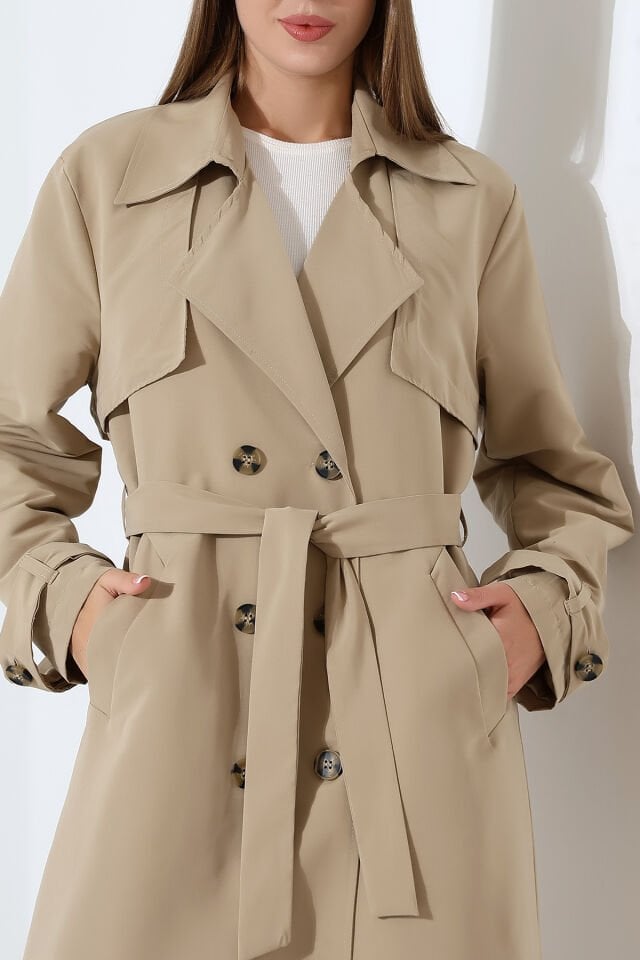 Amazon Keten Kumaş Astarlı Diz Altı Robalı Degaje Yaka Kemerli Trençkot