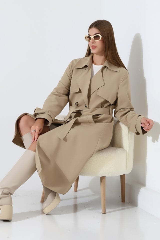 Amazon Keten Kumaş Astarlı Diz Altı Robalı Degaje Yaka Kemerli Trençkot