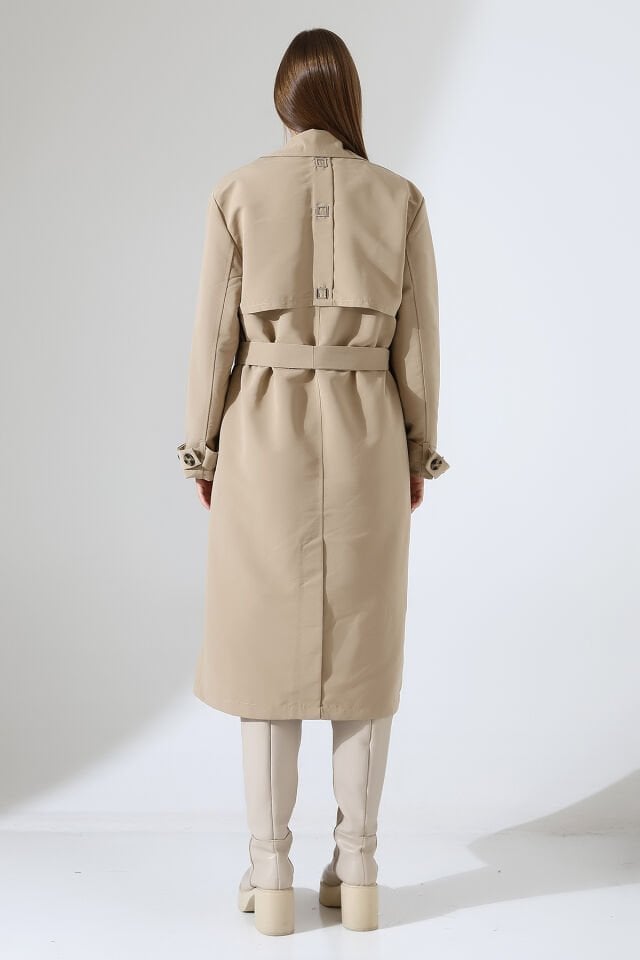 Amazon Keten Kumaş Astarlı Diz Altı Robalı Degaje Yaka Kemerli Trençkot