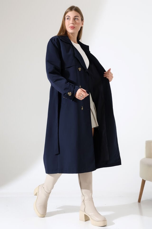 Amazon Keten Kumaş Astarlı Diz Altı Robalı Degaje Yaka Kemerli Trençkot