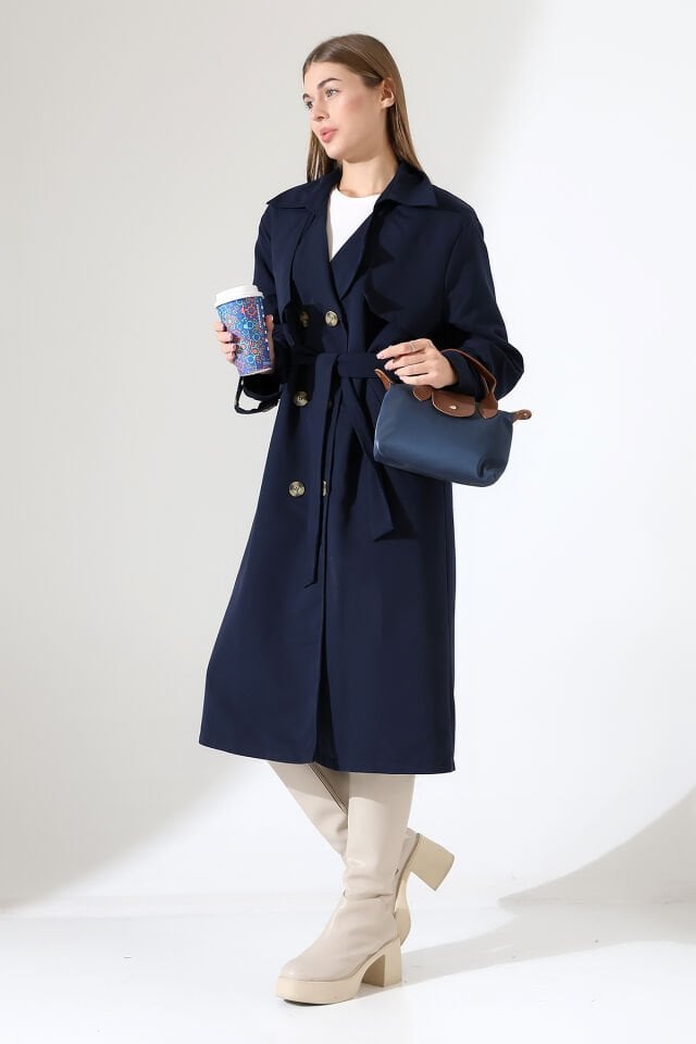 Amazon Keten Kumaş Astarlı Diz Altı Robalı Degaje Yaka Kemerli Trençkot