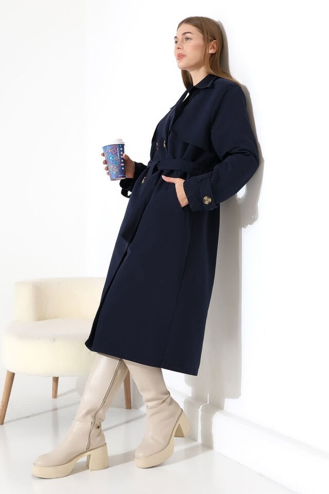 Amazon Keten Kumaş Astarlı Diz Altı Robalı Degaje Yaka Kemerli Trençkot