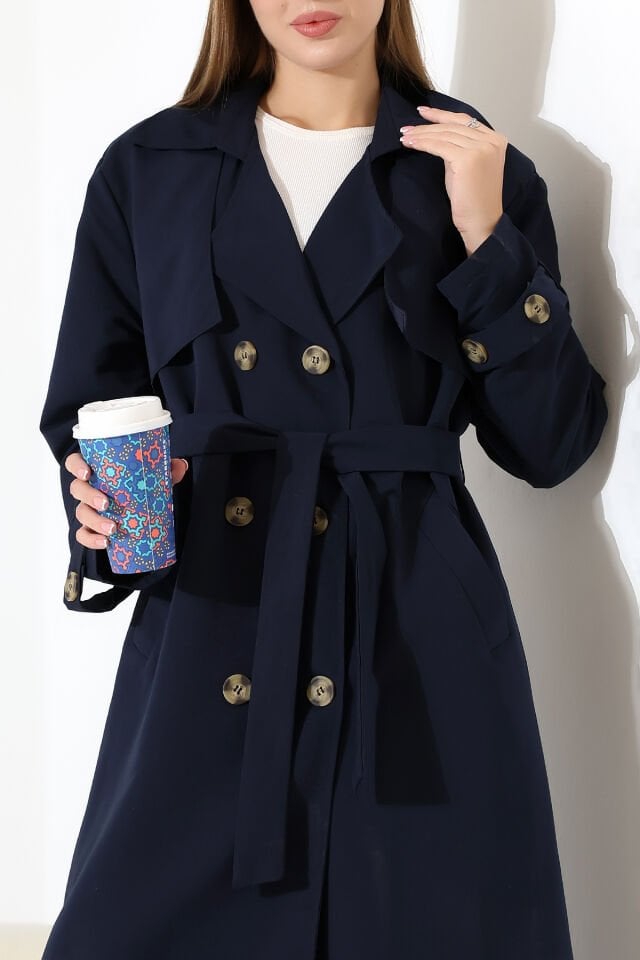 Amazon Keten Kumaş Astarlı Diz Altı Robalı Degaje Yaka Kemerli Trençkot