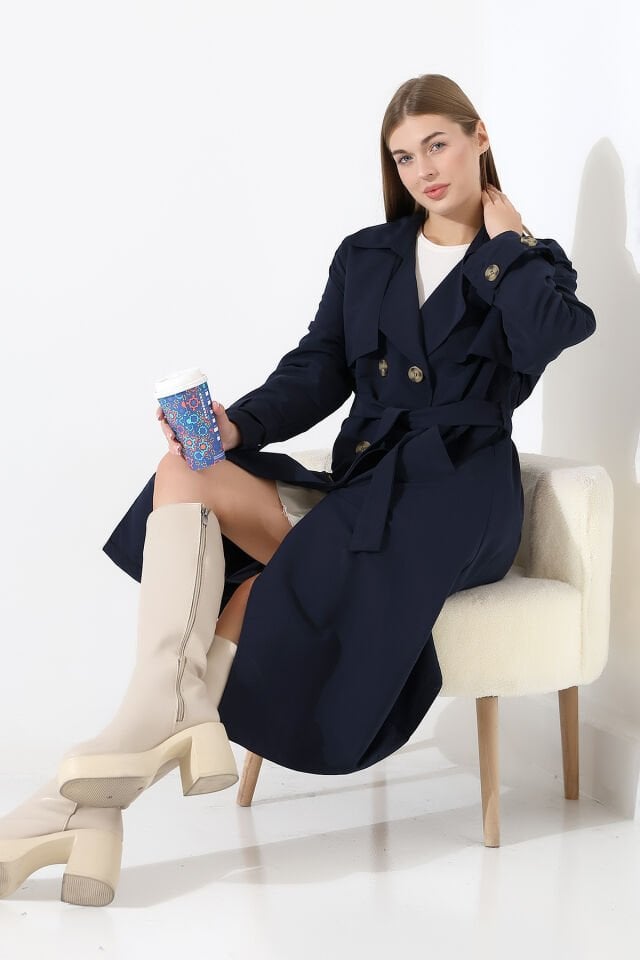 Amazon Keten Kumaş Astarlı Diz Altı Robalı Degaje Yaka Kemerli Trençkot