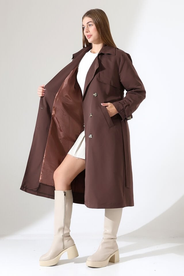 Amazon Keten Kumaş Astarlı Diz Altı Robalı Degaje Yaka Kemerli Trençkot