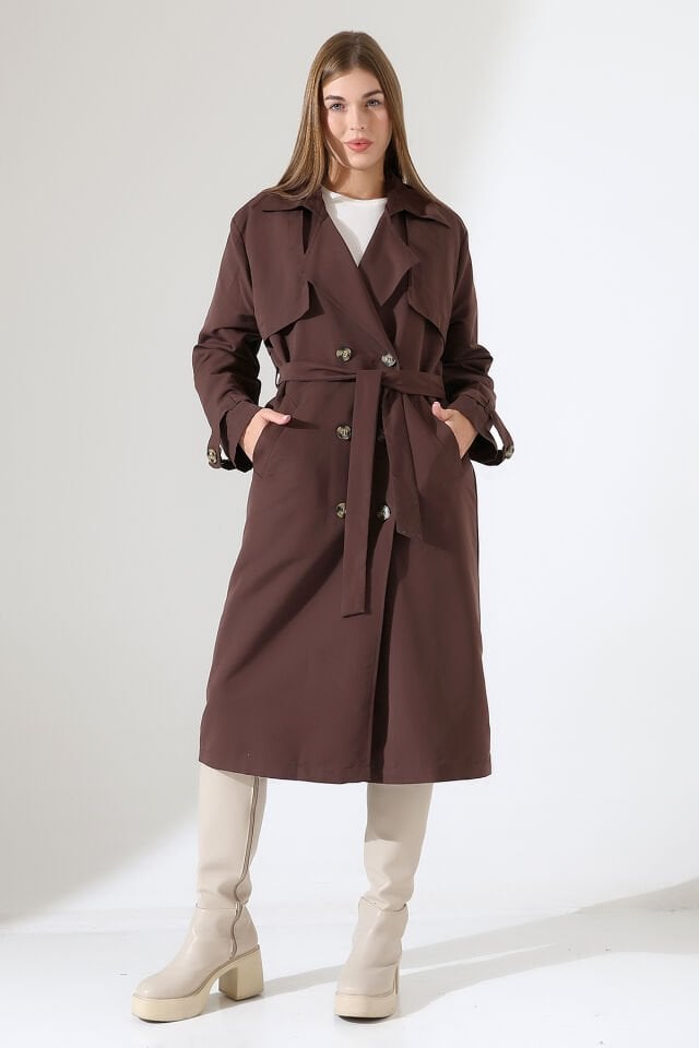 Amazon Keten Kumaş Astarlı Diz Altı Robalı Degaje Yaka Kemerli Trençkot