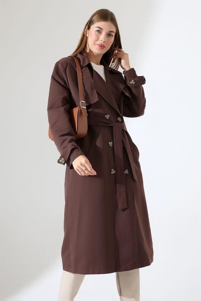 Amazon Keten Kumaş Astarlı Diz Altı Robalı Degaje Yaka Kemerli Trençkot