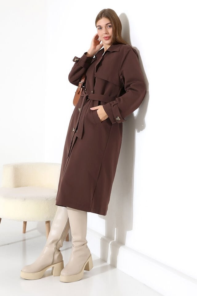 Amazon Keten Kumaş Astarlı Diz Altı Robalı Degaje Yaka Kemerli Trençkot