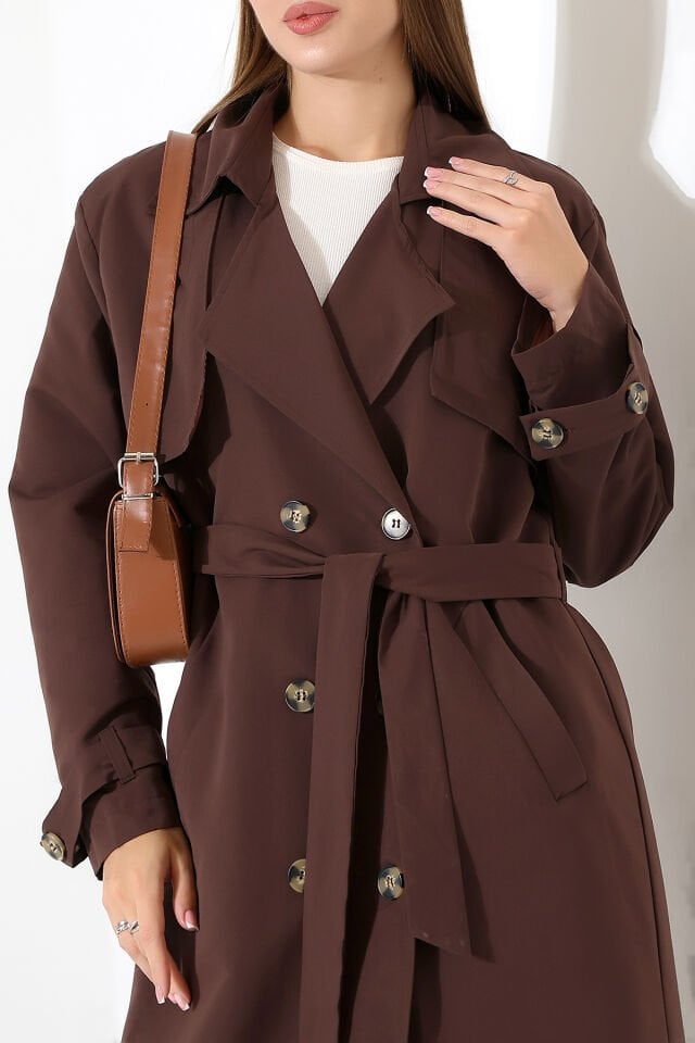 Amazon Keten Kumaş Astarlı Diz Altı Robalı Degaje Yaka Kemerli Trençkot