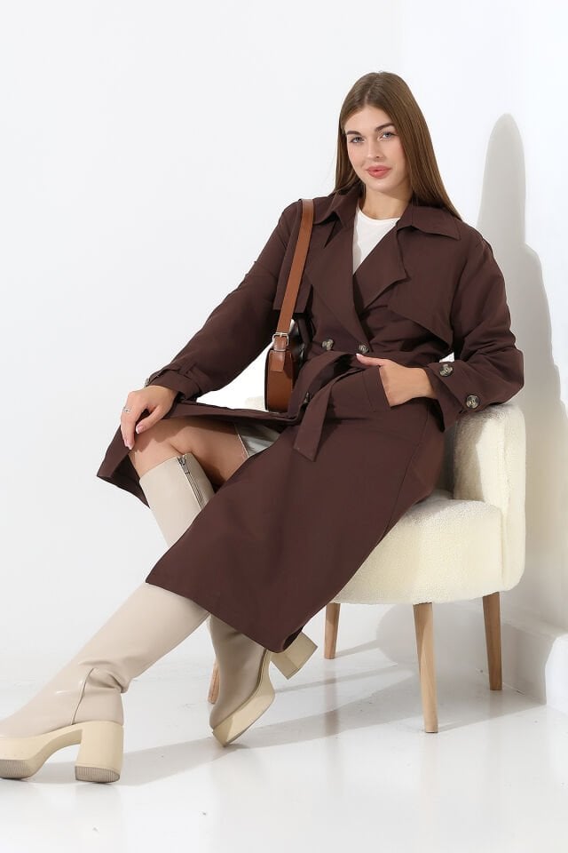 Amazon Keten Kumaş Astarlı Diz Altı Robalı Degaje Yaka Kemerli Trençkot