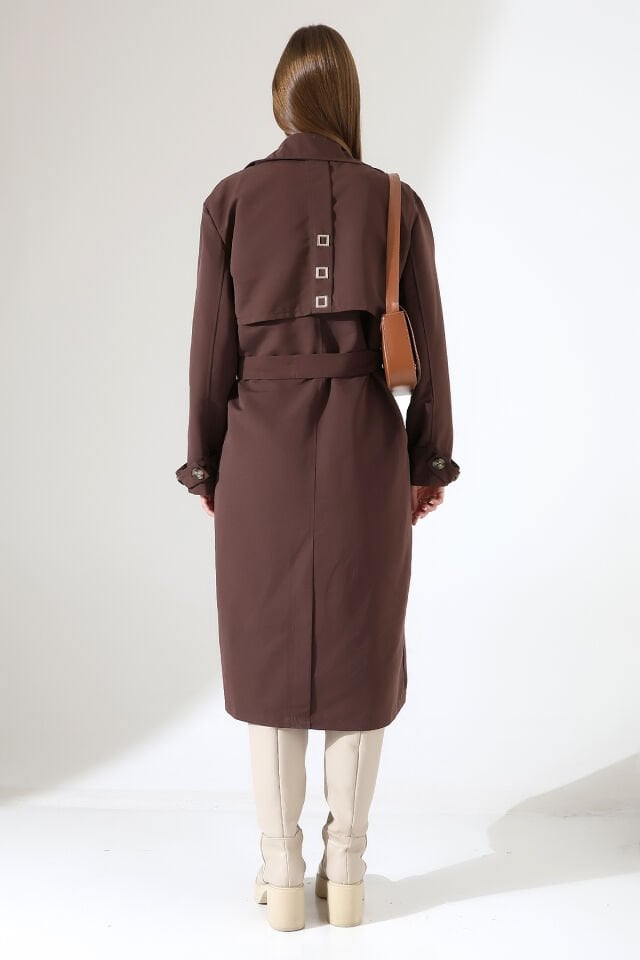 Amazon Keten Kumaş Astarlı Diz Altı Robalı Degaje Yaka Kemerli Trençkot