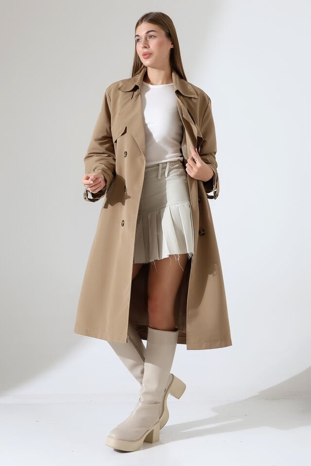 Amazon Keten Kumaş Astarlı Diz Altı Robalı Degaje Yaka Kemerli Trençkot