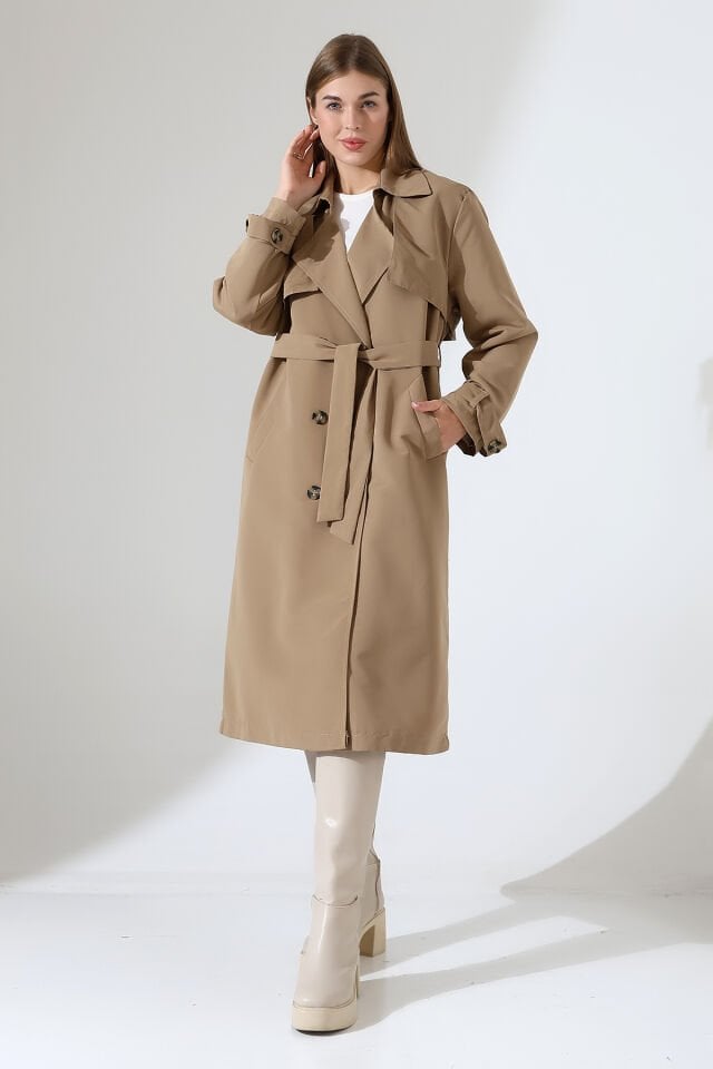 Amazon Keten Kumaş Astarlı Diz Altı Robalı Degaje Yaka Kemerli Trençkot