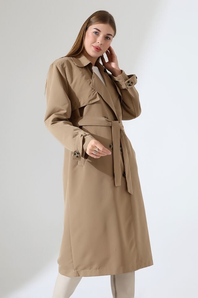 Amazon Keten Kumaş Astarlı Diz Altı Robalı Degaje Yaka Kemerli Trençkot