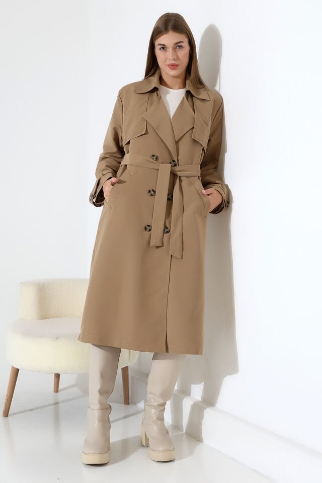 Amazon Keten Kumaş Astarlı Diz Altı Robalı Degaje Yaka Kemerli Trençkot