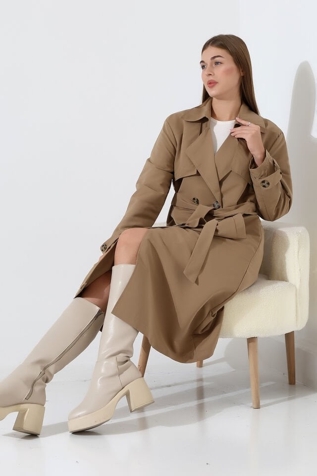 Amazon Keten Kumaş Astarlı Diz Altı Robalı Degaje Yaka Kemerli Trençkot