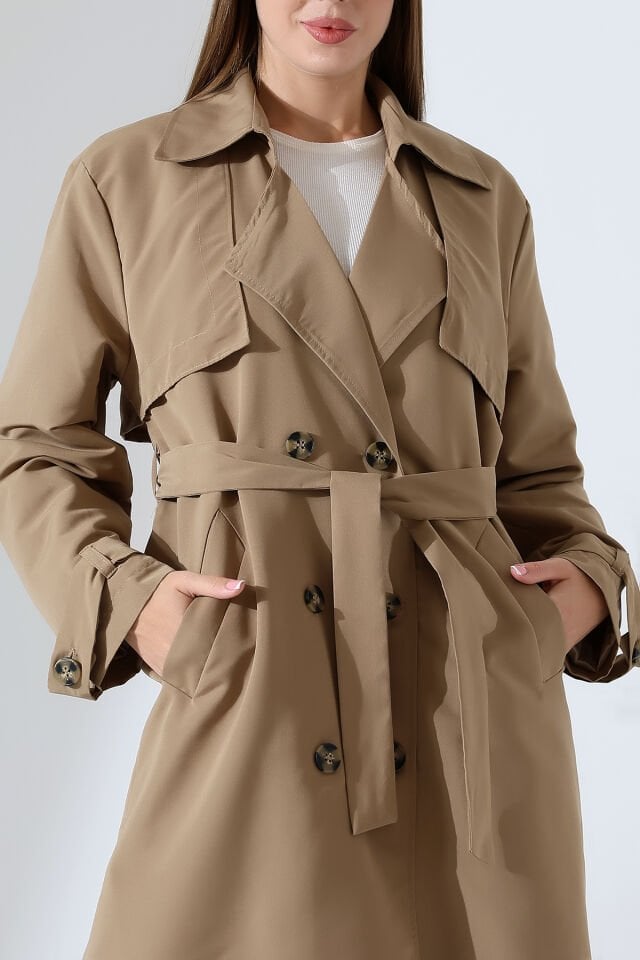 Amazon Keten Kumaş Astarlı Diz Altı Robalı Degaje Yaka Kemerli Trençkot