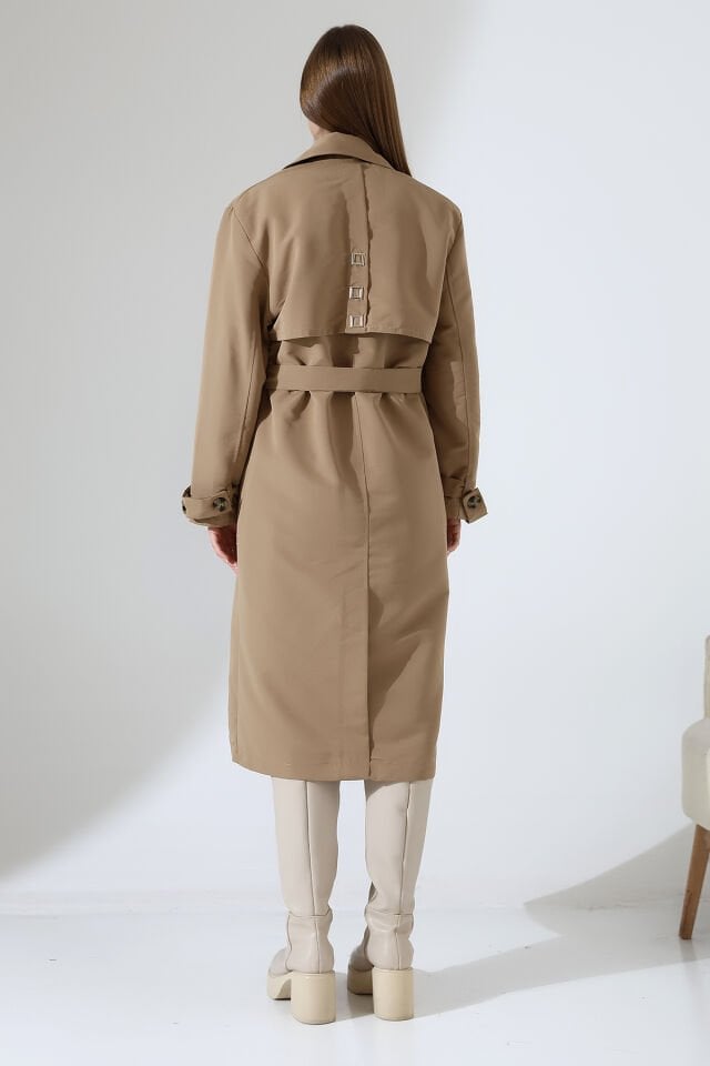 Amazon Keten Kumaş Astarlı Diz Altı Robalı Degaje Yaka Kemerli Trençkot